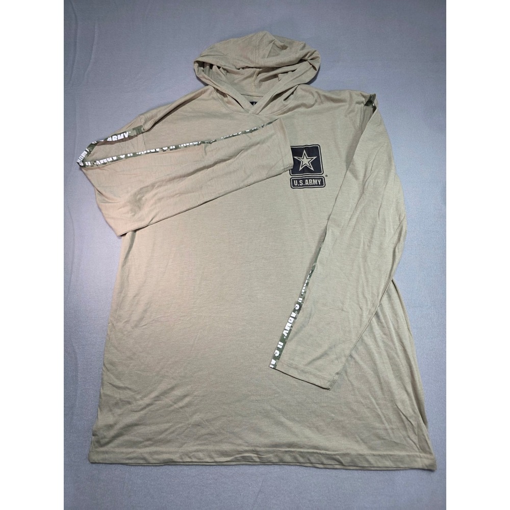 US Army Mens 2XL Tan Lightweight Hoodie Long Sleeve Camo Tape Logo Shirt NWT - Picture 2 of 7